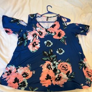 GUC 1X Elegant Floral Cold Shoulder Blouse - Blue and Pink